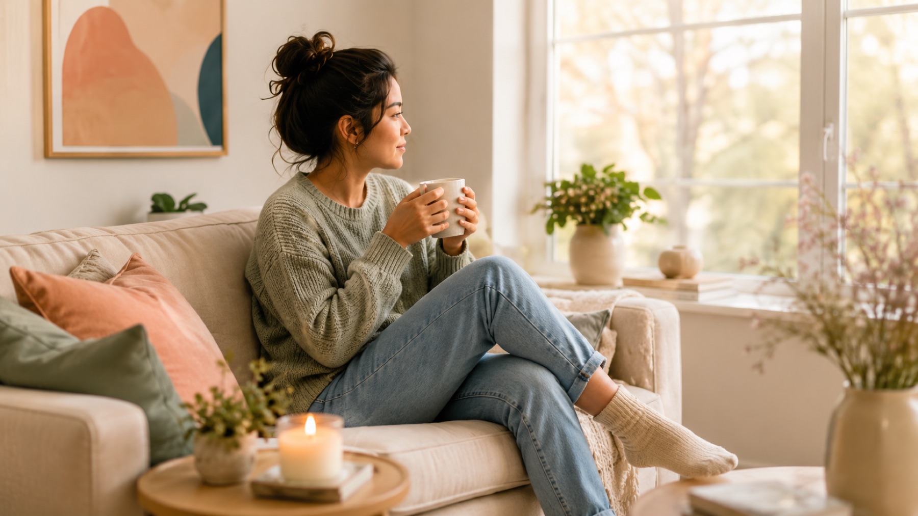 A woman relaxing on a sofa with a warm mug, looking out a bright window